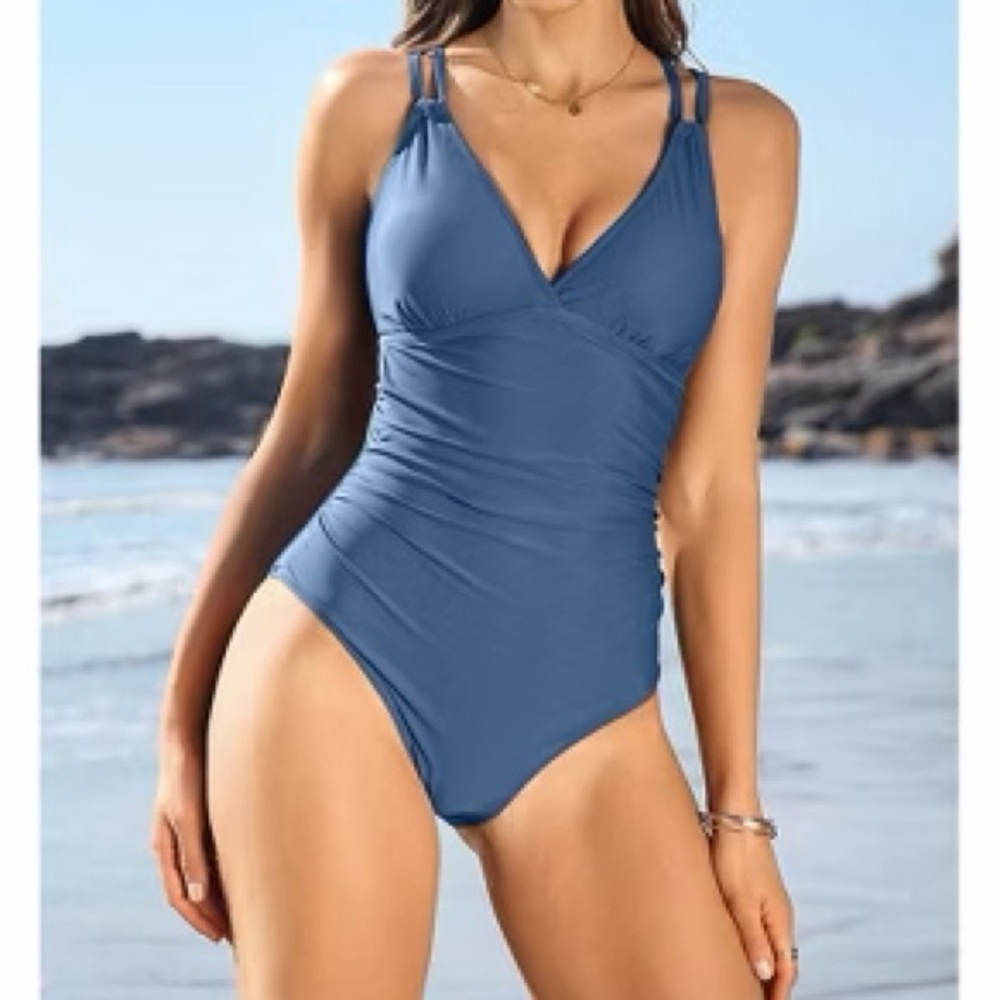 Charmo NWT Blue Ruched V-neck Tummy Control UPF 50 One Piece Swimsuit Small